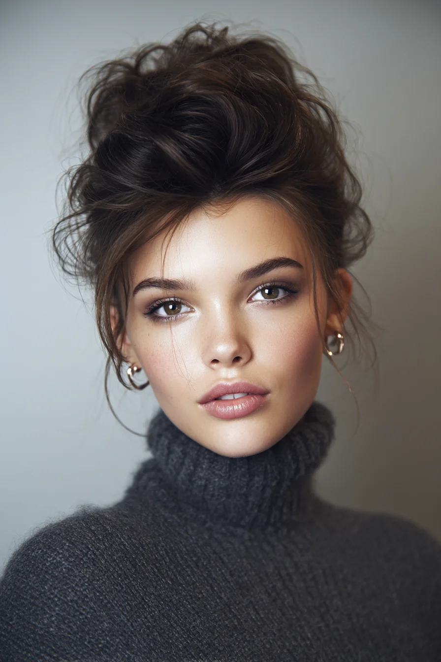 Messy High Bun with Face-Framing Tendrils and Volume