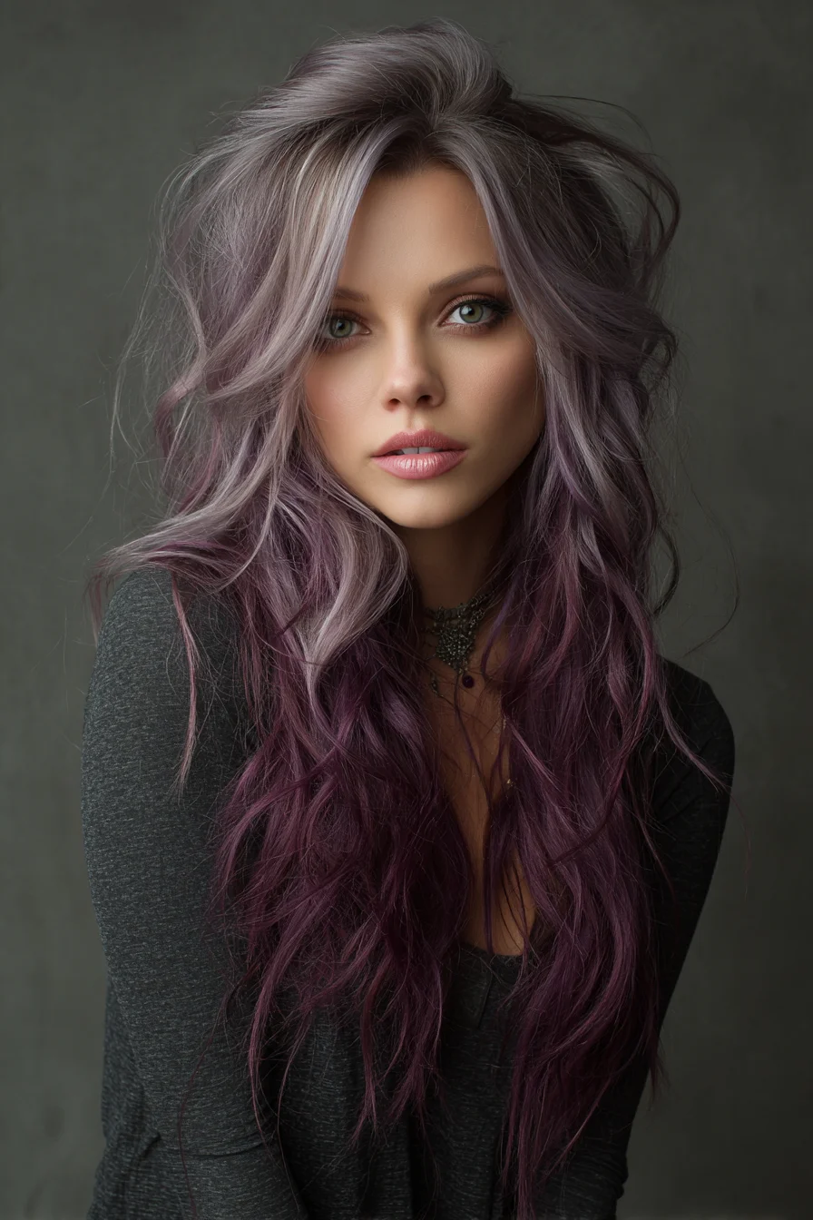 Messy Layered Waves with Purple Ombre and Soft Curtain