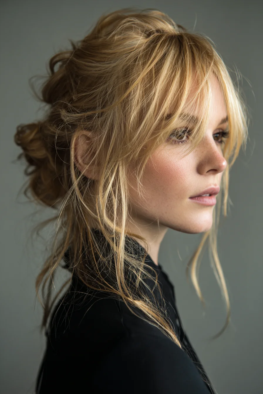 Messy Low Bun with Face-Framing Wispy Bangs for Everyday