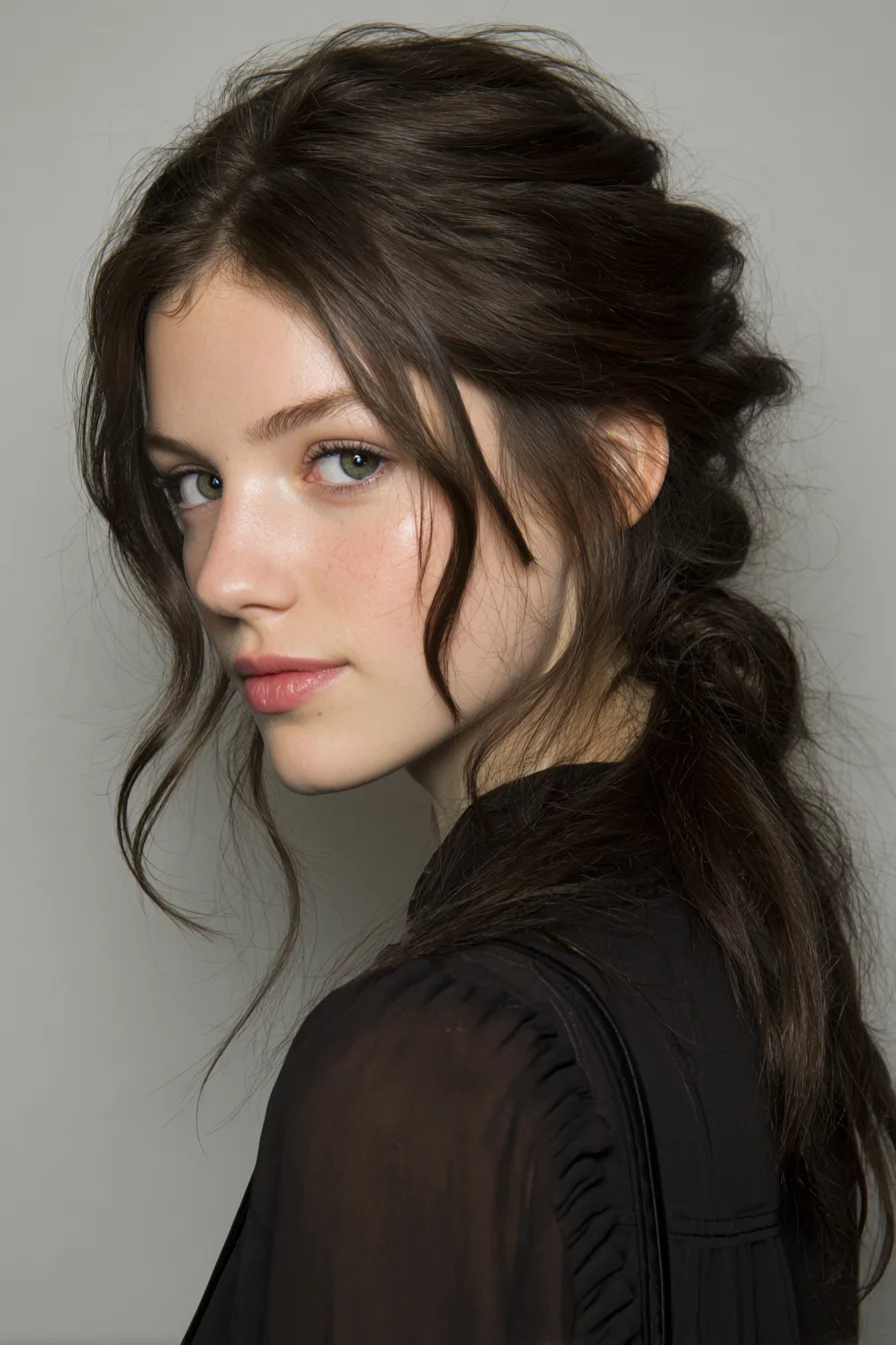 Messy Low Ponytail with Soft Face-Framing Tendrils