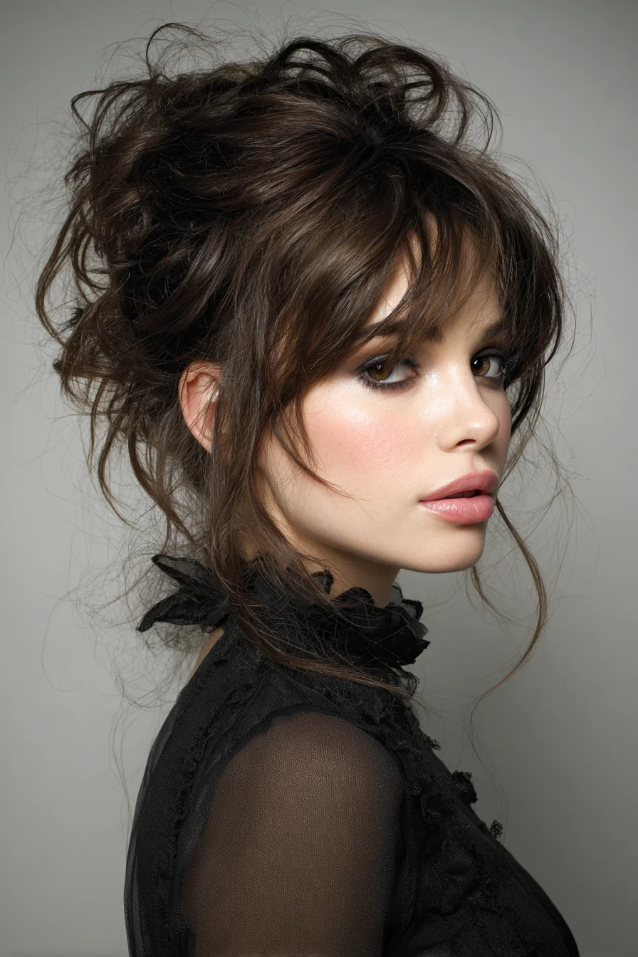 Messy Romantic Updo with Curtain Bangs for Events
