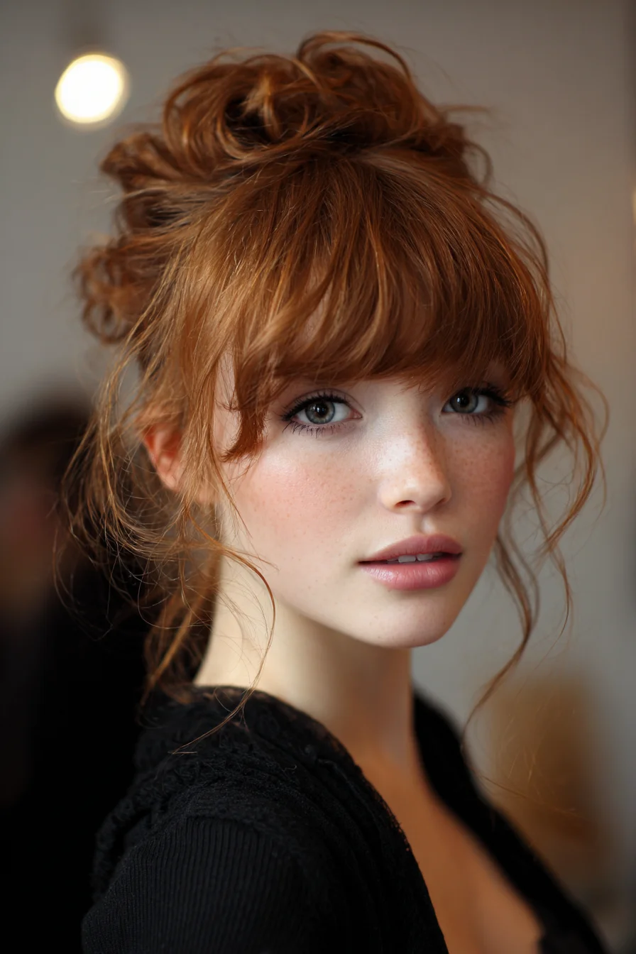 Messy Textured High Bun with Wispy Bangs and Tendrils