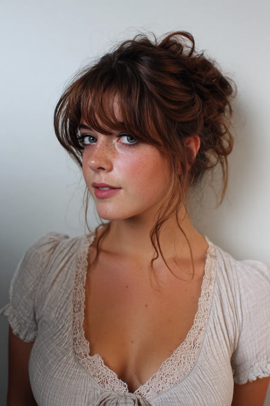 Messy Textured Updo with Soft Curtain Bangs and Pieces