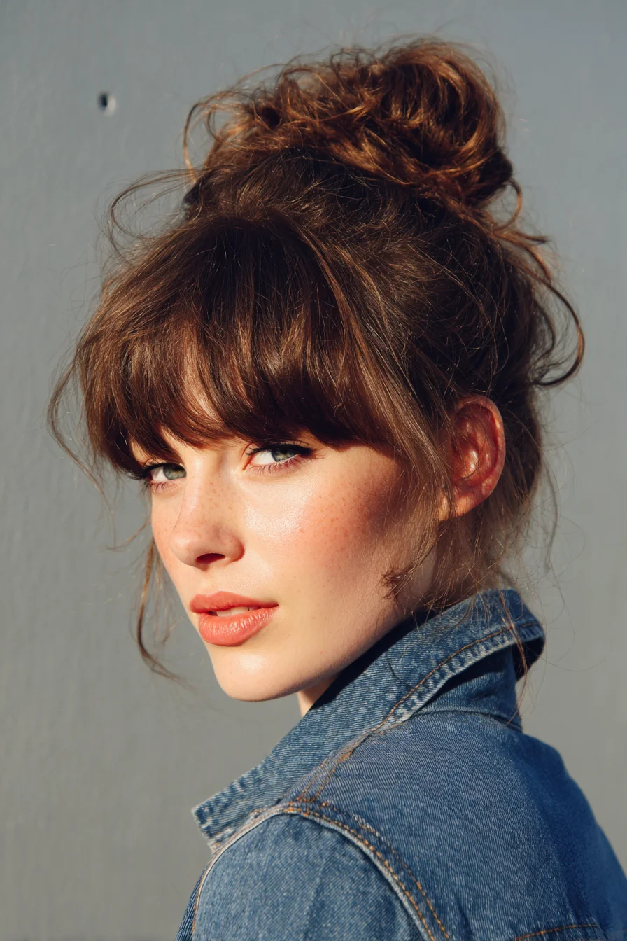Messy Top Knot with Curtain Bangs for Effortless Days