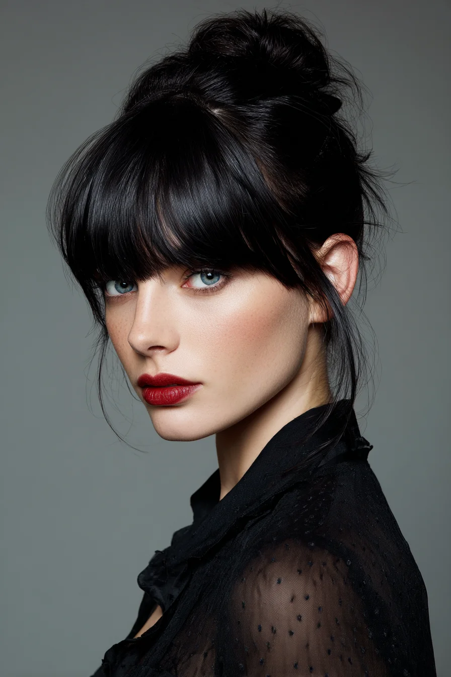 Messy Topknot with Curtain Bangs Effortless Glam