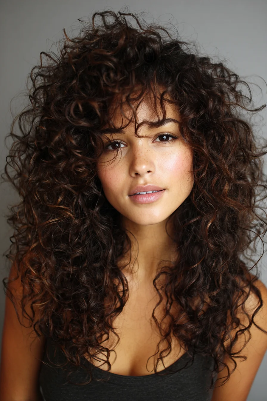 Messy Voluminous Curls with Soft Curtain Bangs