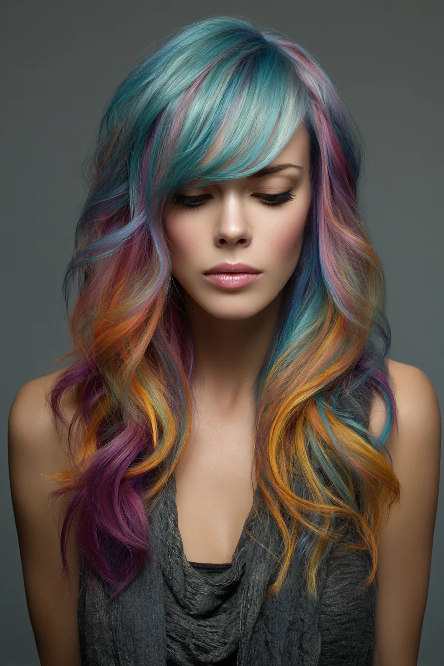 Pastel Rainbow Layers with Side-Swept Curtain Bangs