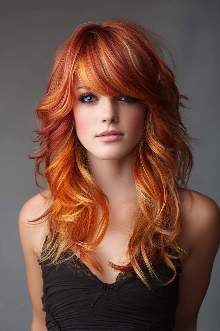 Piecey Layered Shag with Copper-Orange Balayage and Bangs