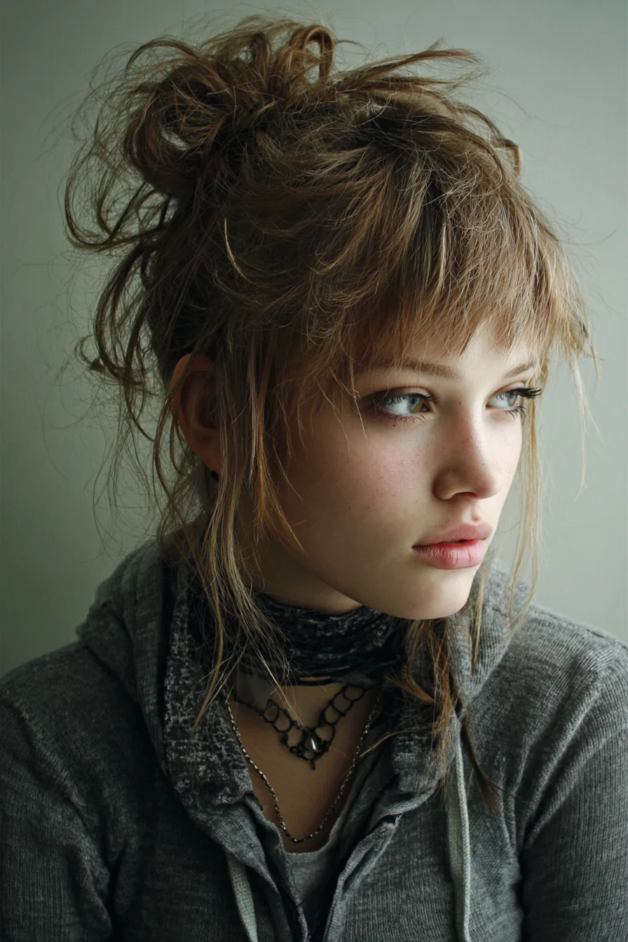 Piecey Messy Topknot with Choppy Bangs for Everyday Wear