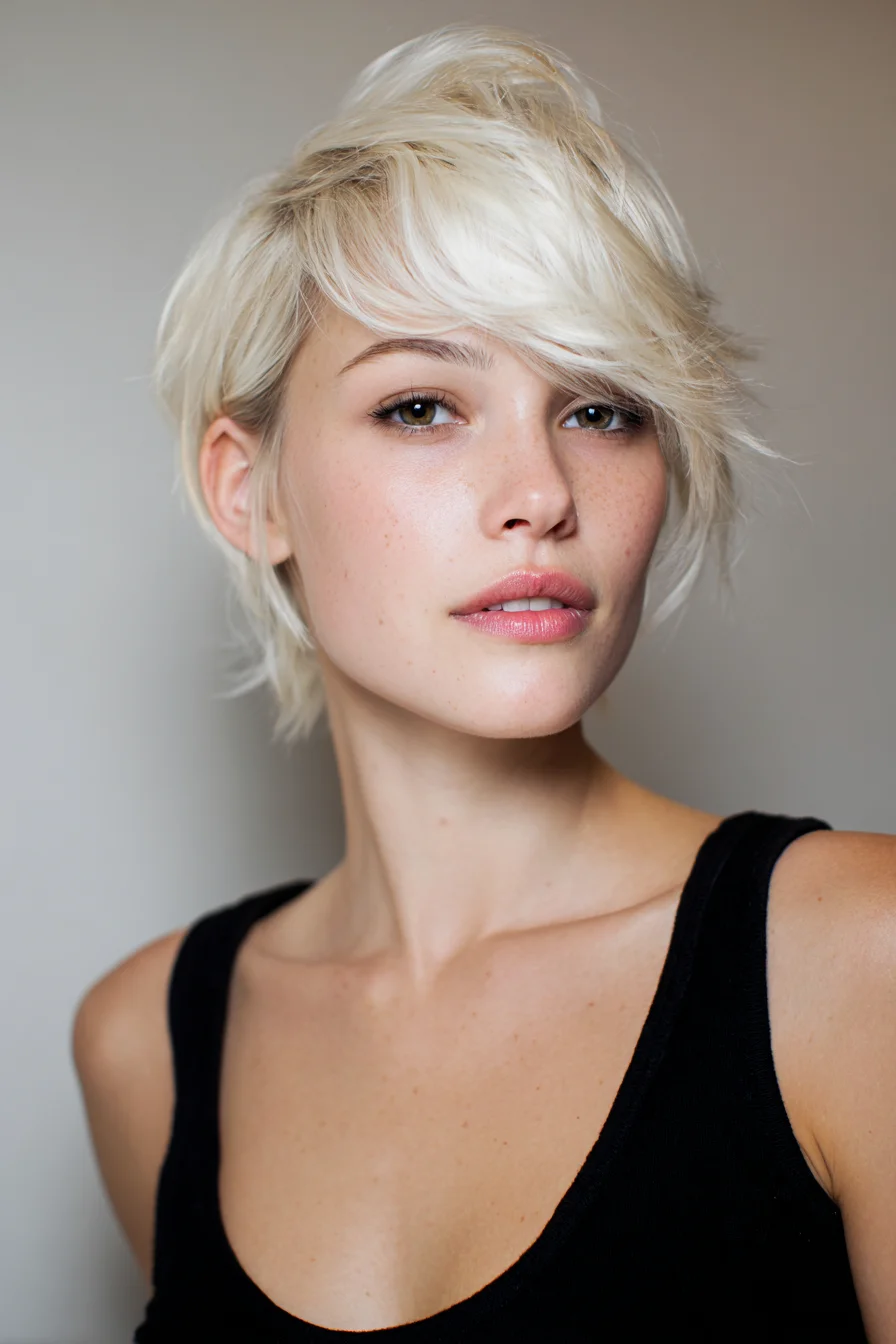 Piecey Platinum Pixie with Side-Swept Fringe and Texture