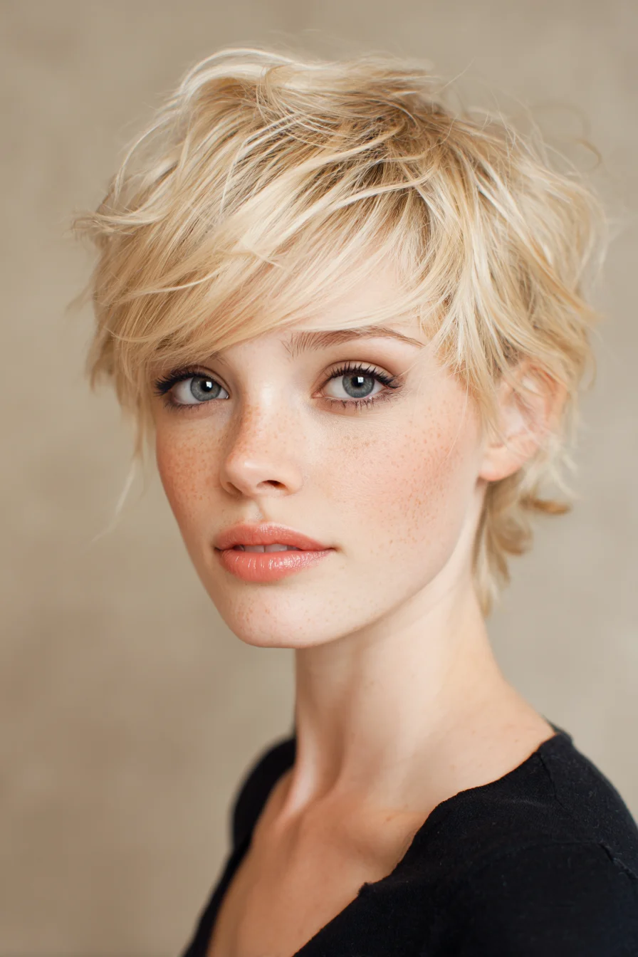 Piecey Textured Pixie with Side-Swept Bangs and Soft Layers