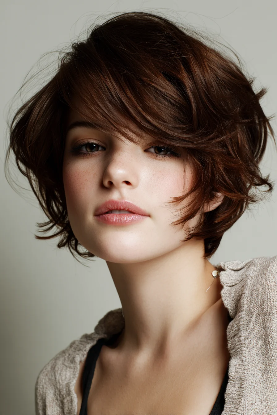 Piecey Tousled Short Layered Bob with Side-Swept Fringe