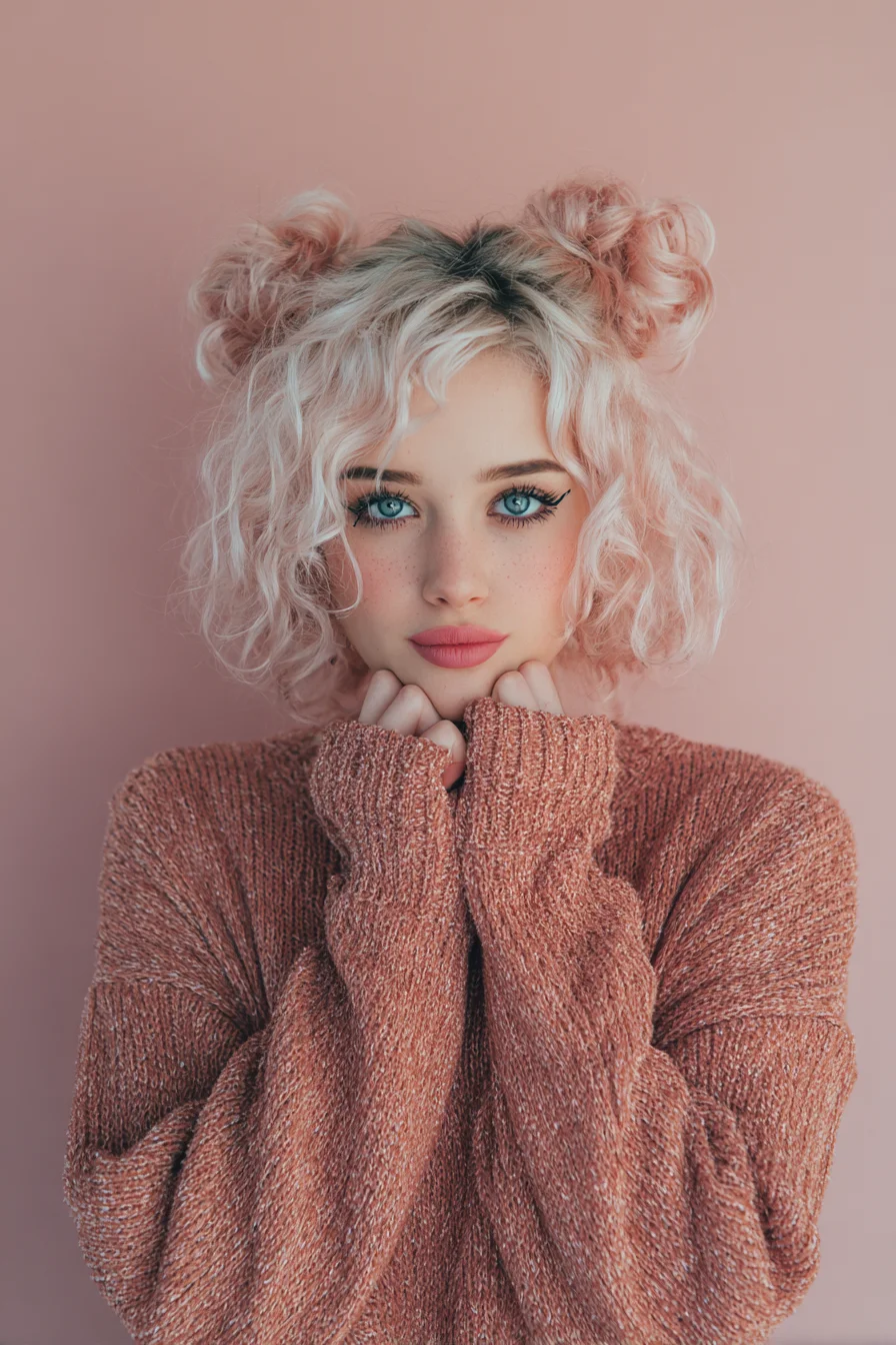 Playful Double Space Buns for Short Wavy Curly Hair