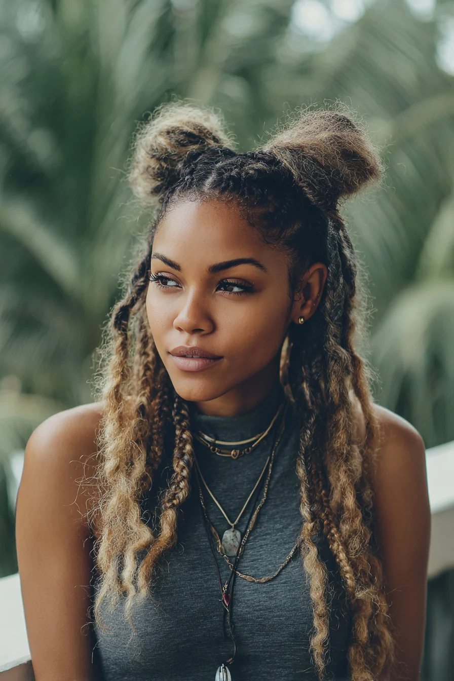 Playful Half-Up Space Buns with Loose Textured Braids