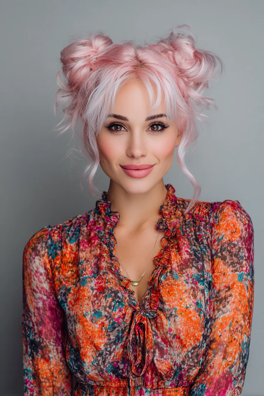 Playful Messy Space Buns with Wispy Face-Framing Layers