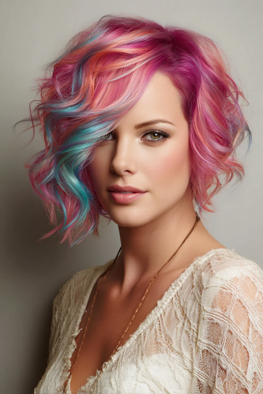 Playful Pastel Bob with Choppy Waves and Side Sweep