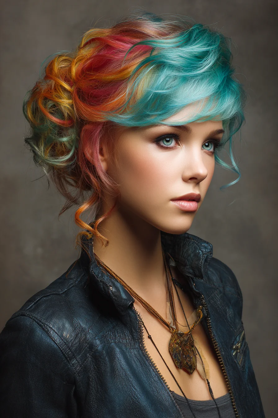 Rainbow Messy Updo with Wispy Bangs for Bold Days