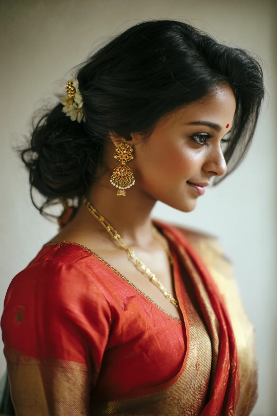 Relaxed Low Messy Bun with Floral Accent for Celebrations