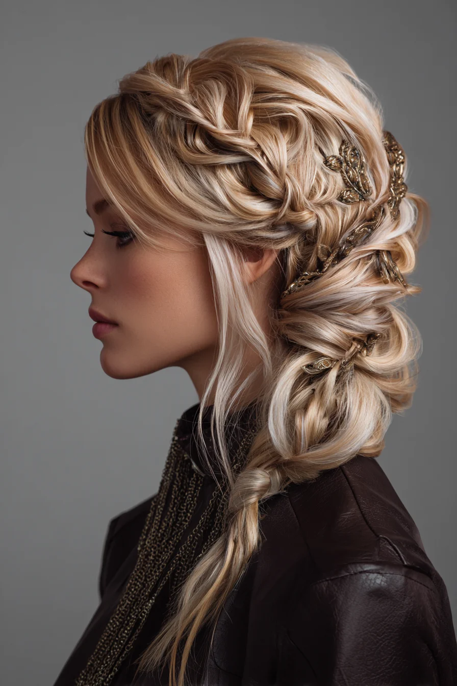 Romantic Braided Updo with Gold Accent Pieces