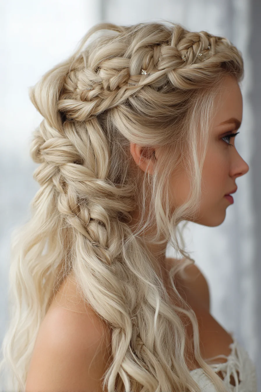 Romantic Crown Braids Melted into a Loose Side Braid