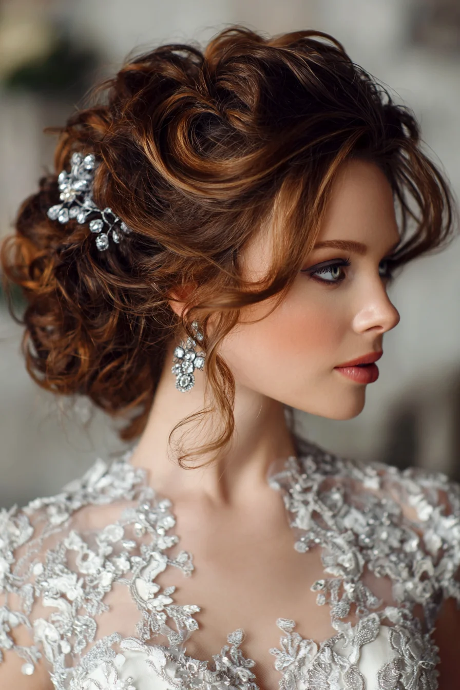 Romantic Curly Updo with Sparkly Hairpiece for Brides