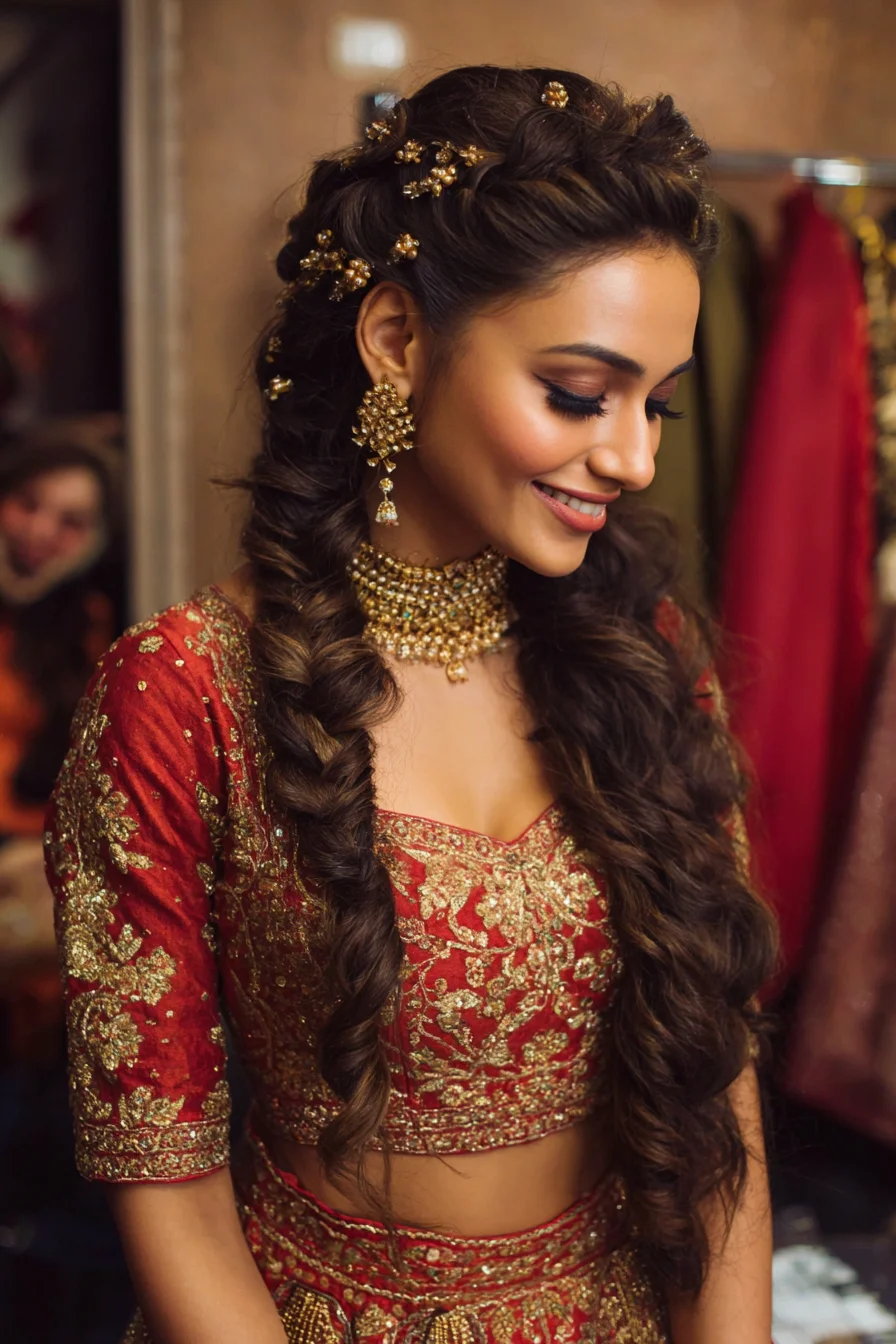 Romantic Double Braids with Gold Bridal Accents