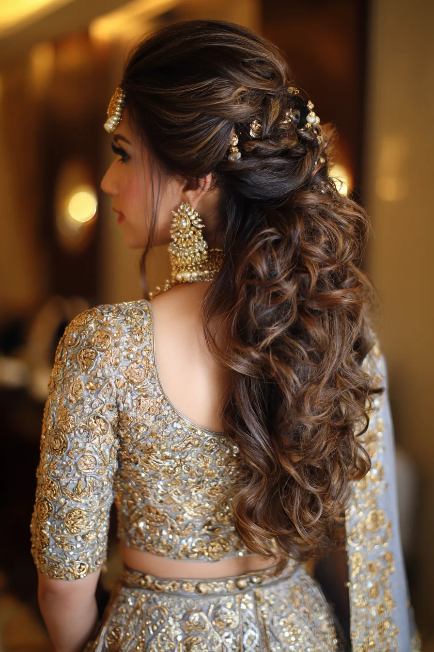 Romantic Half-Up Curls with Bridal Hair Jewelry and Volume