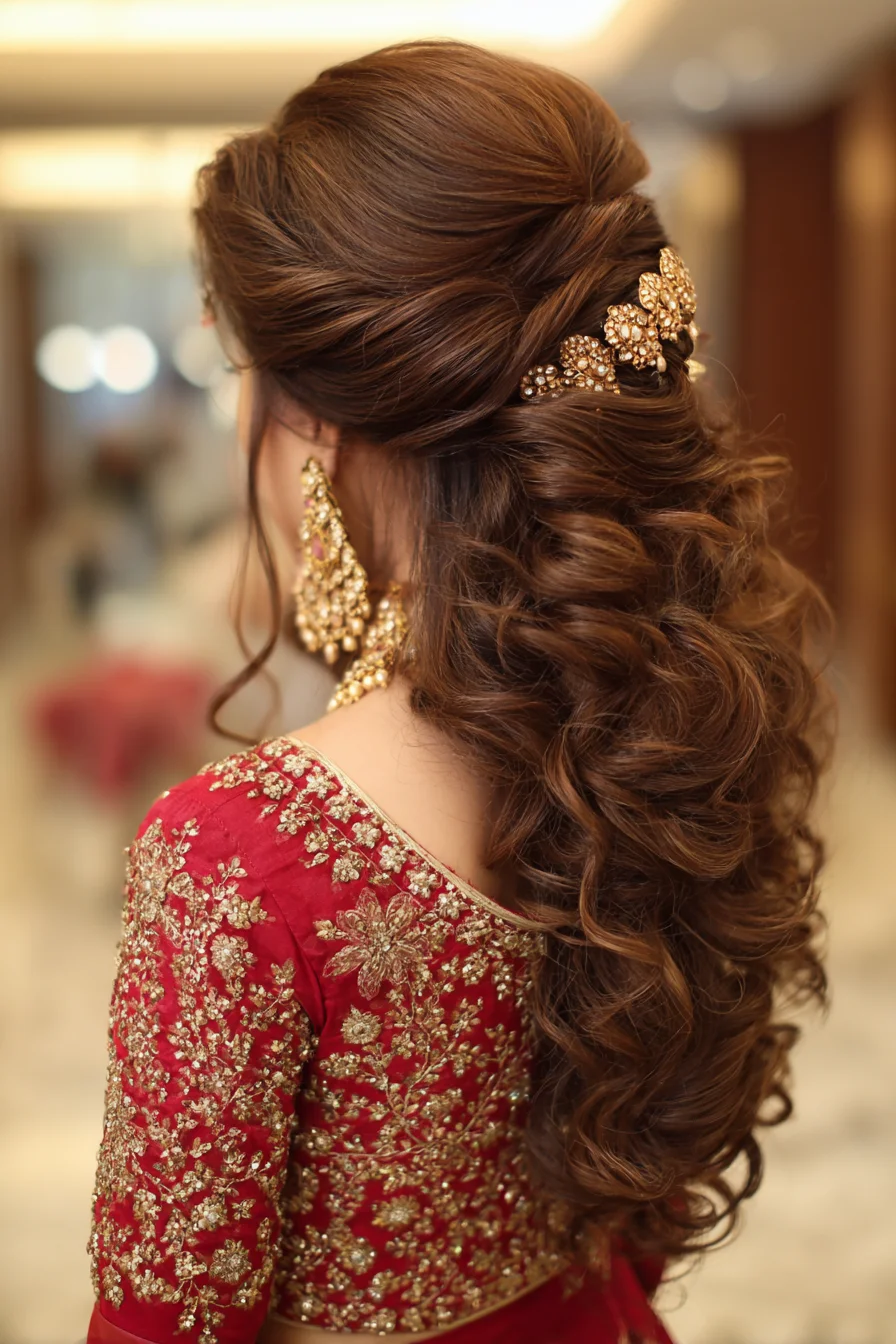 Romantic Half-Up Curls with Gold Bridal Hairpiece