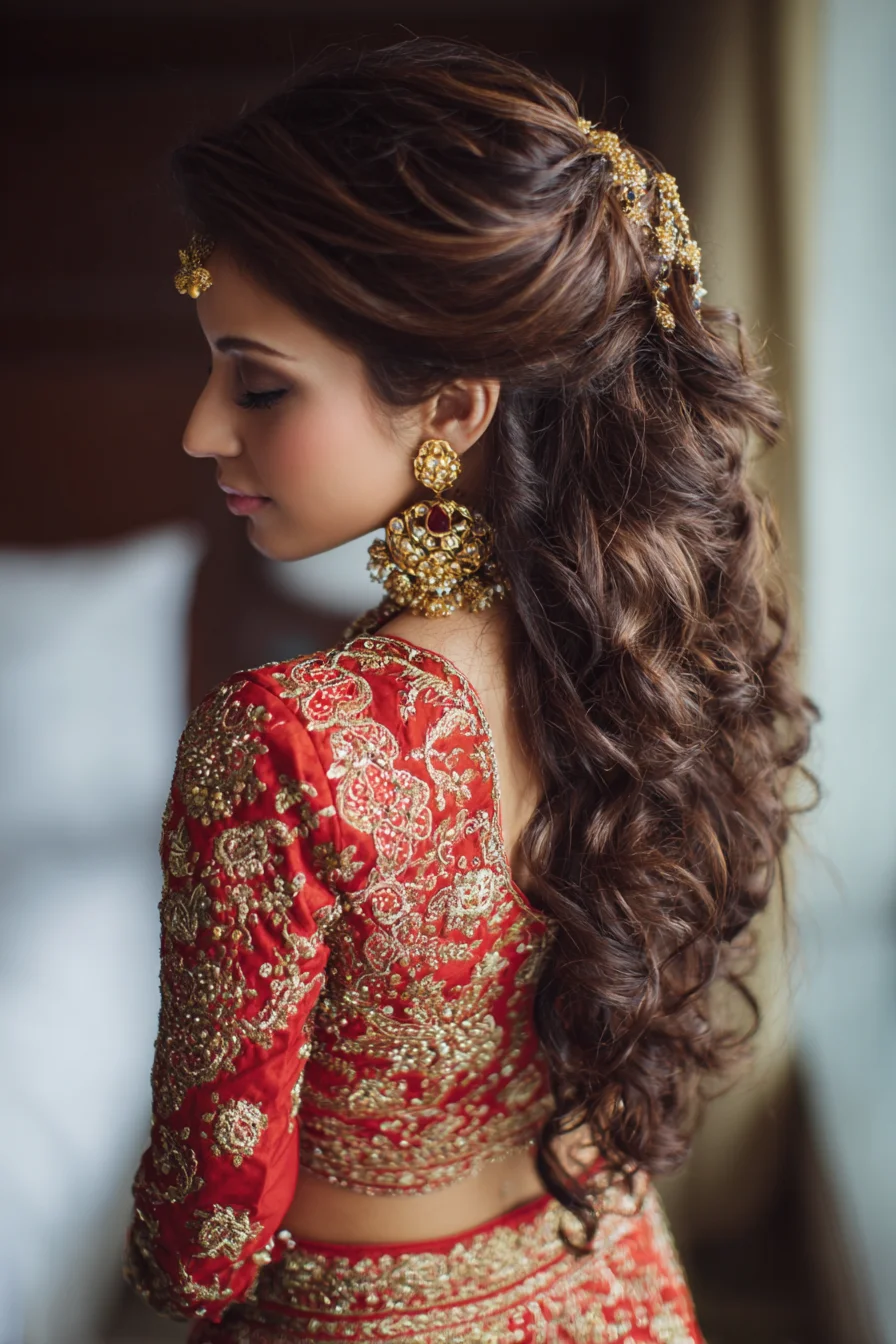 Romantic Half-Up Curls with Gold Jewelry for Brides