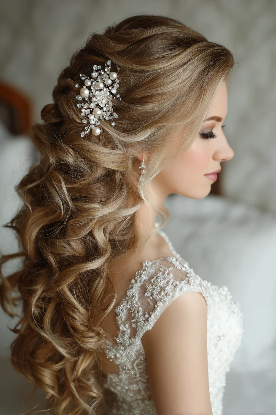 Romantic Half-Up Curls with Pearl & Crystal Hairpiece