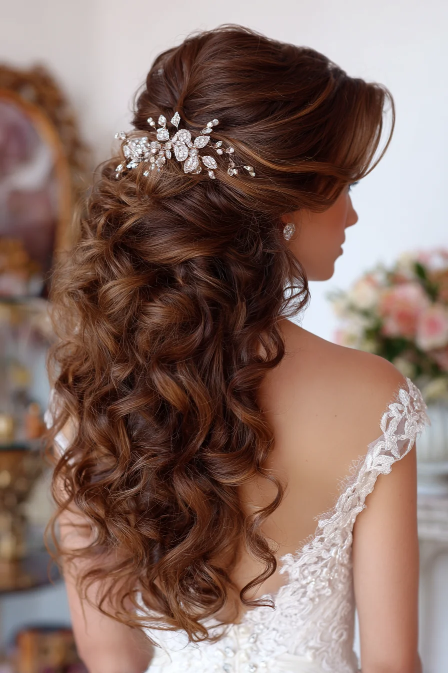 Romantic Half-Up Curls with Sparkling Hairpiece