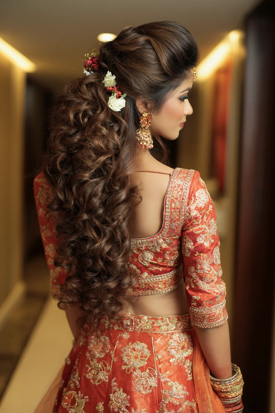 Romantic Half-Up Pouf with Cascading Curls and Flowers