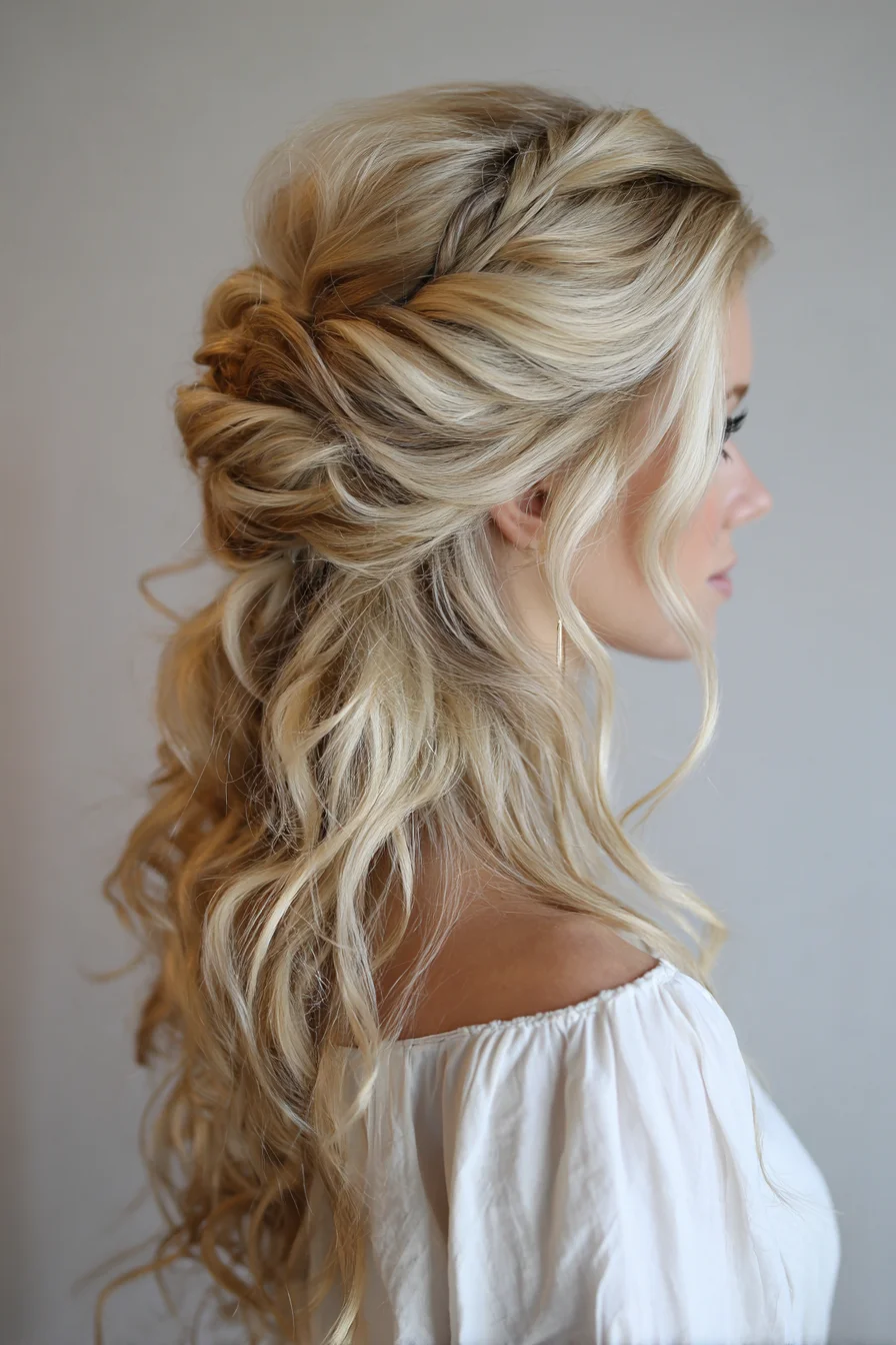 Romantic Half-Up Twist with Braided Crown and Beachy Waves