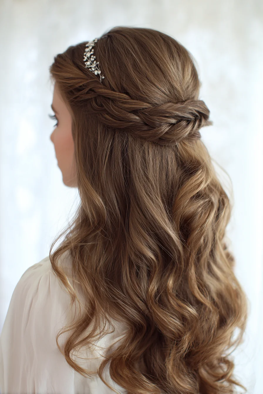 Romantic Half-Up Twisted Crown with Soft Waves