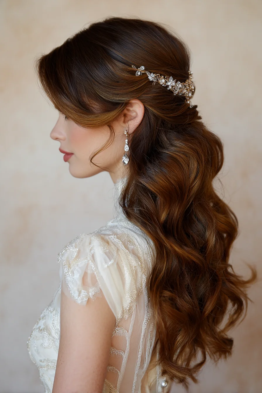 Romantic Half-Up Waves with Ornate Hair Vine for Brides