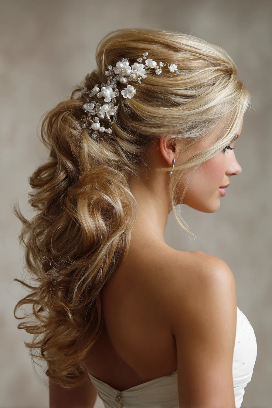 Romantic Half-Up with Loose Curls and Pearl Flower Clip