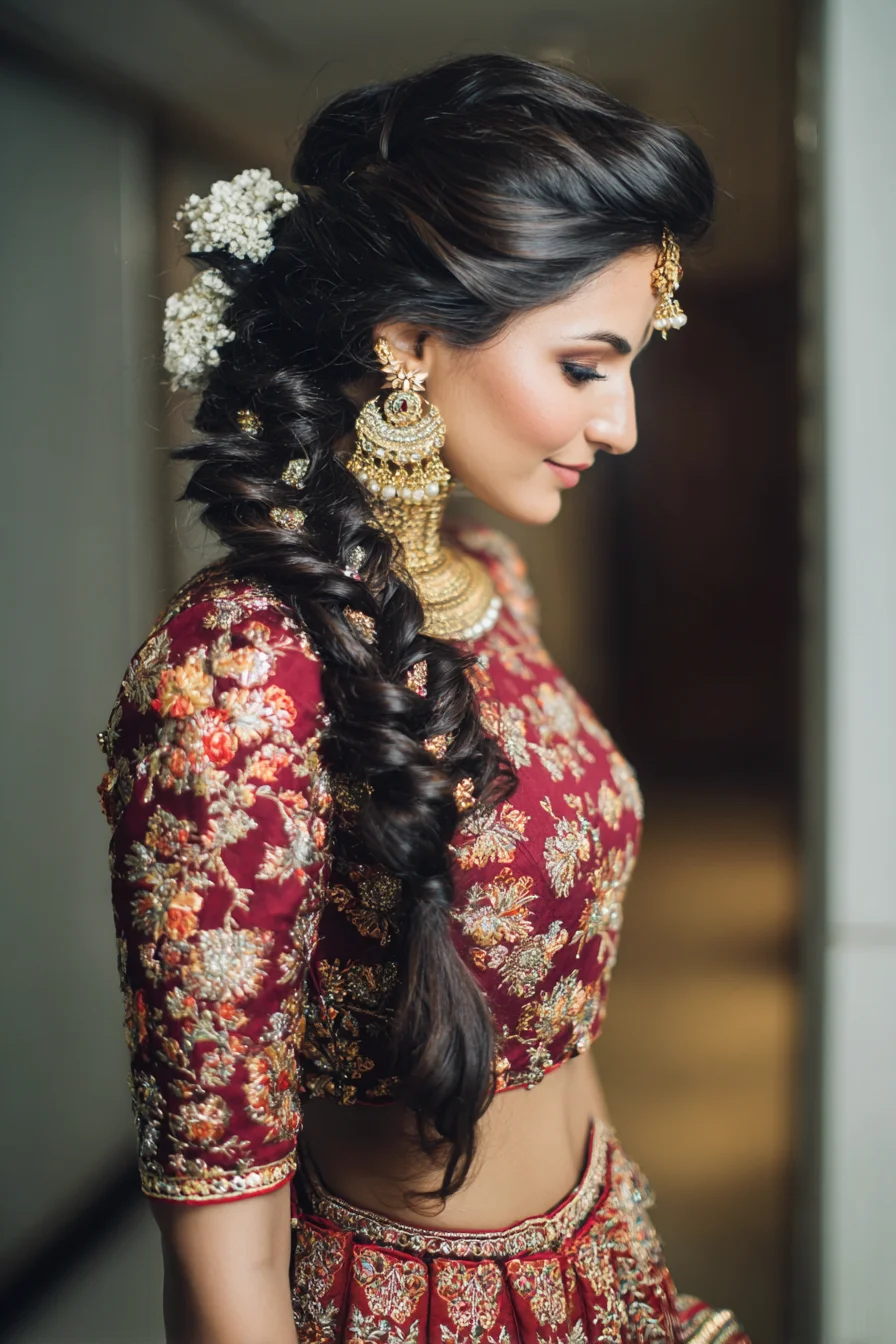Romantic Loose Side Braid with Floral and Jewel Accents