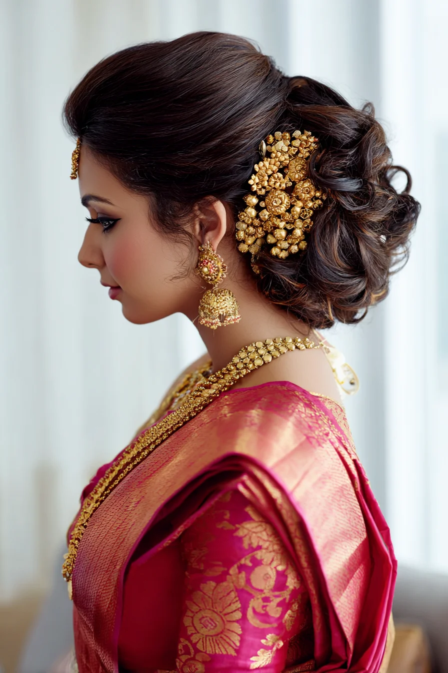Romantic Low Bun with Floral Gold Accessories