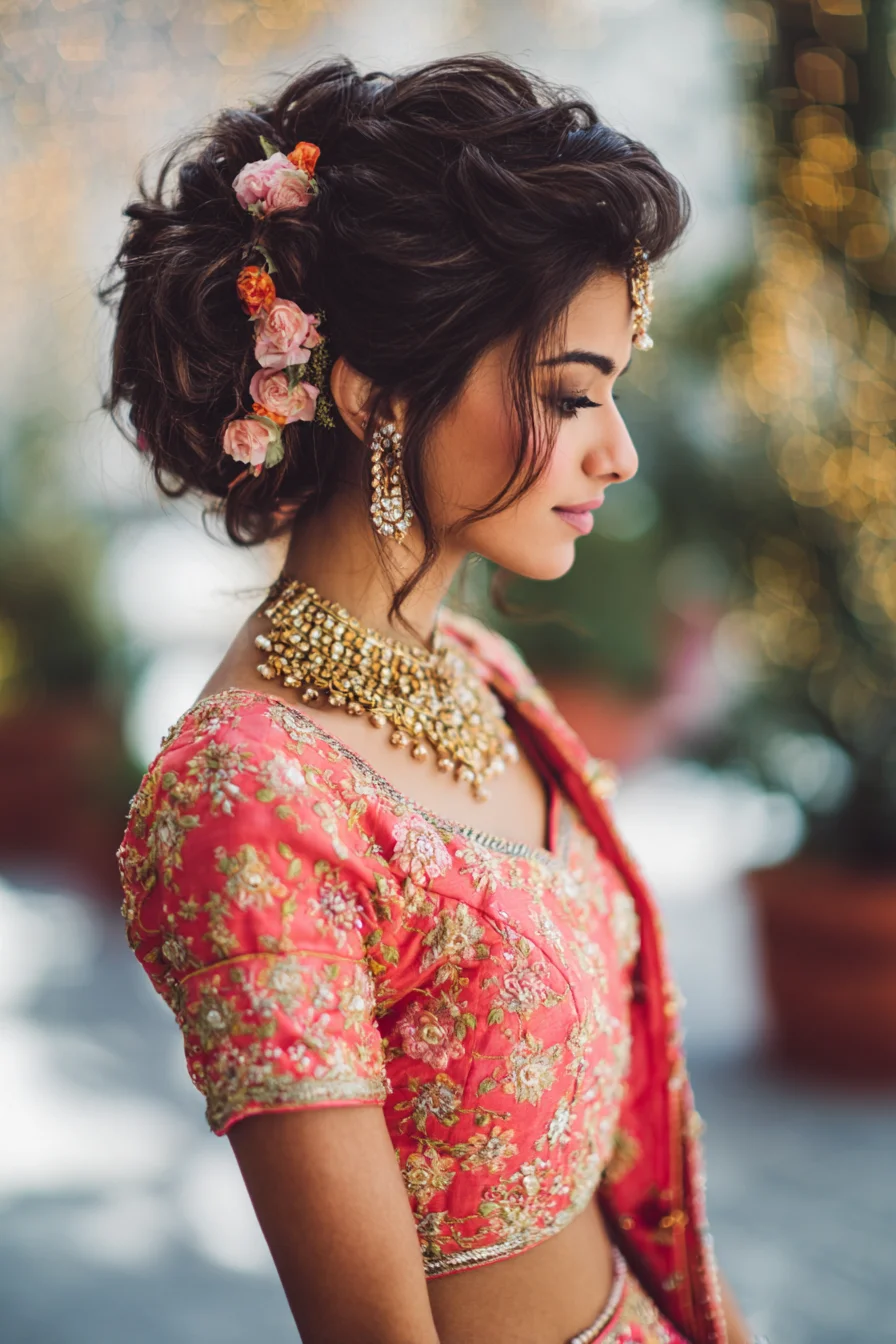 Romantic Low Messy Bun with Floral Accents for Weddings