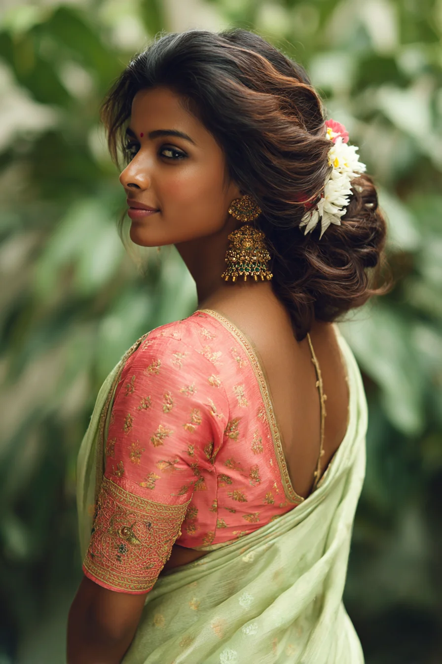 Romantic Low Twisted Bun with Floral Gajra Accents