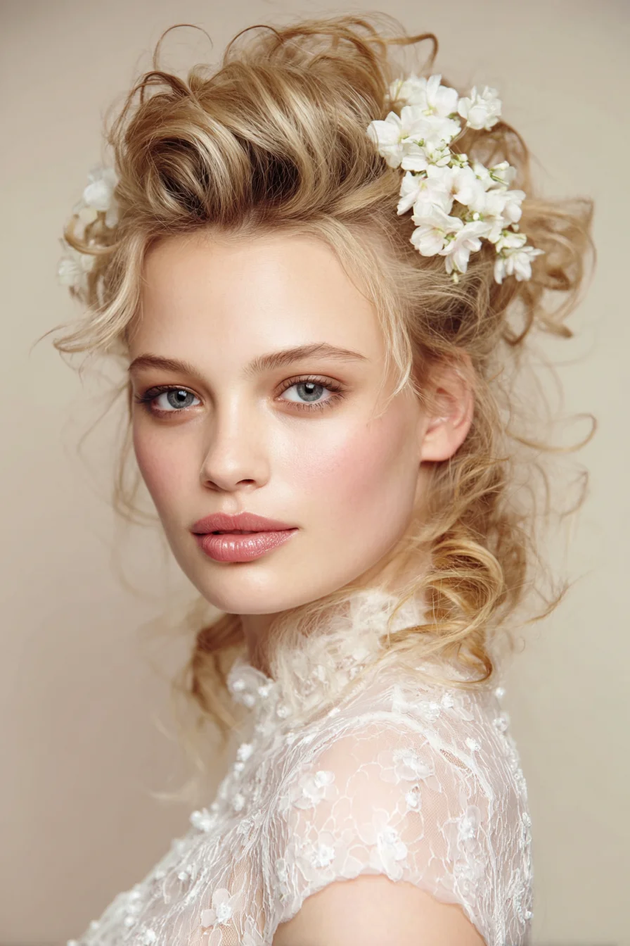 Romantic Messy Bridal Updo with Soft Curls and Flowers