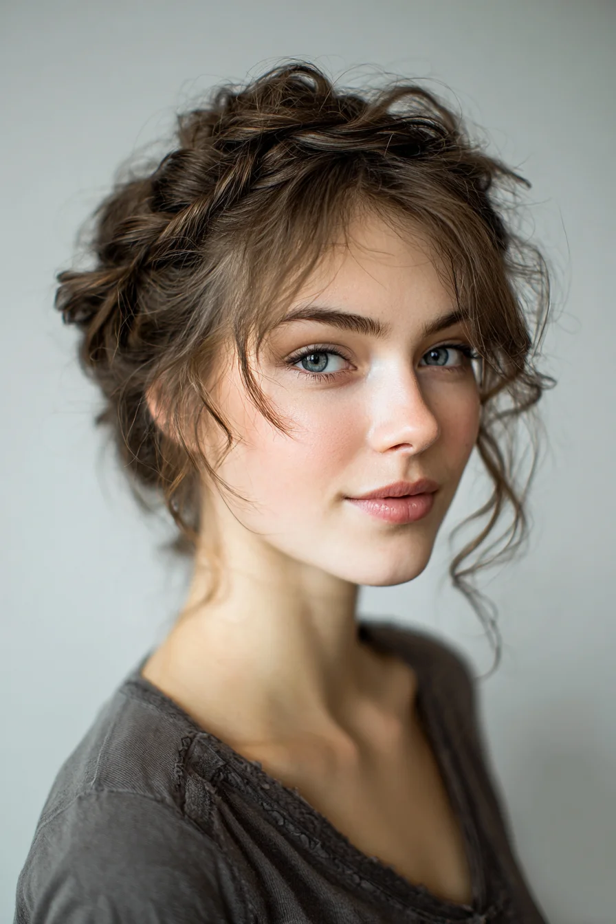 Romantic Messy Crown Braid Updo for Soft, Wavy Hair