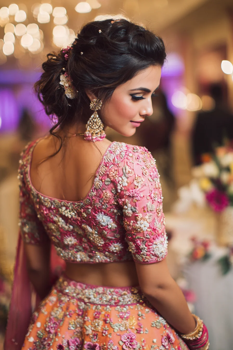 Romantic Messy Low Bun with Braided Crown and Flowers
