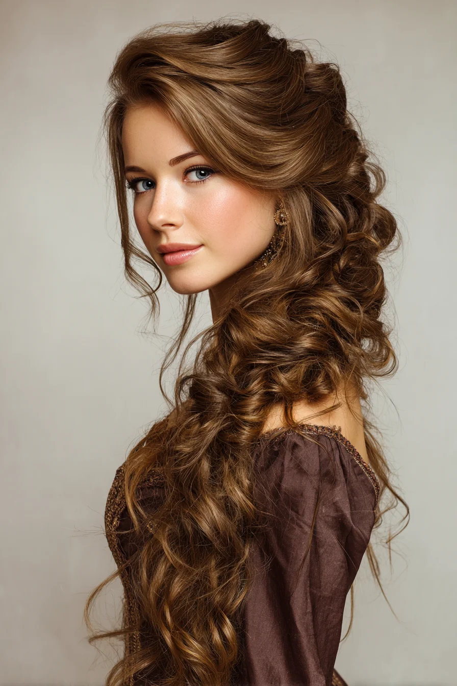 Romantic Messy Side Braid with Big Loose Curls