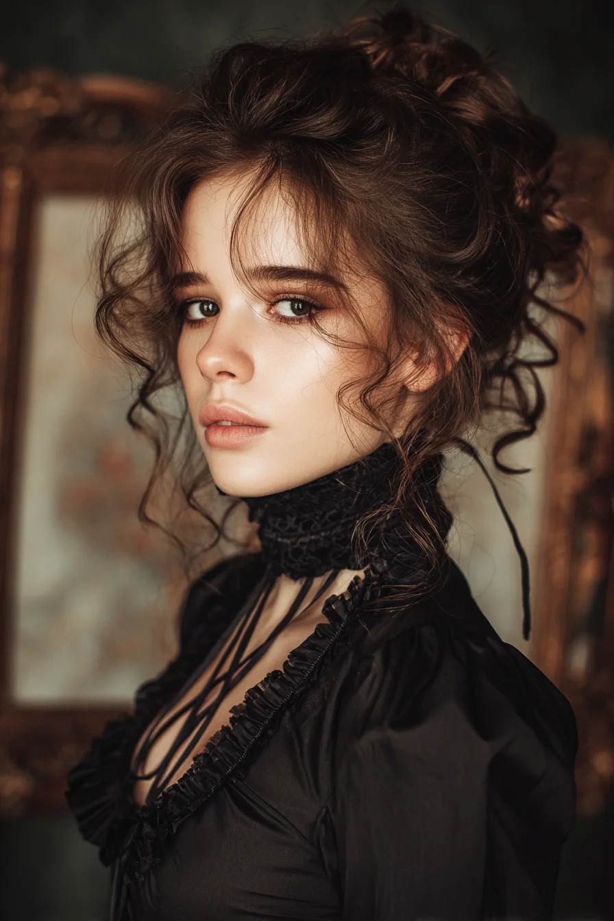 Romantic Messy Updo with Face‑Framing Curly Tendrils