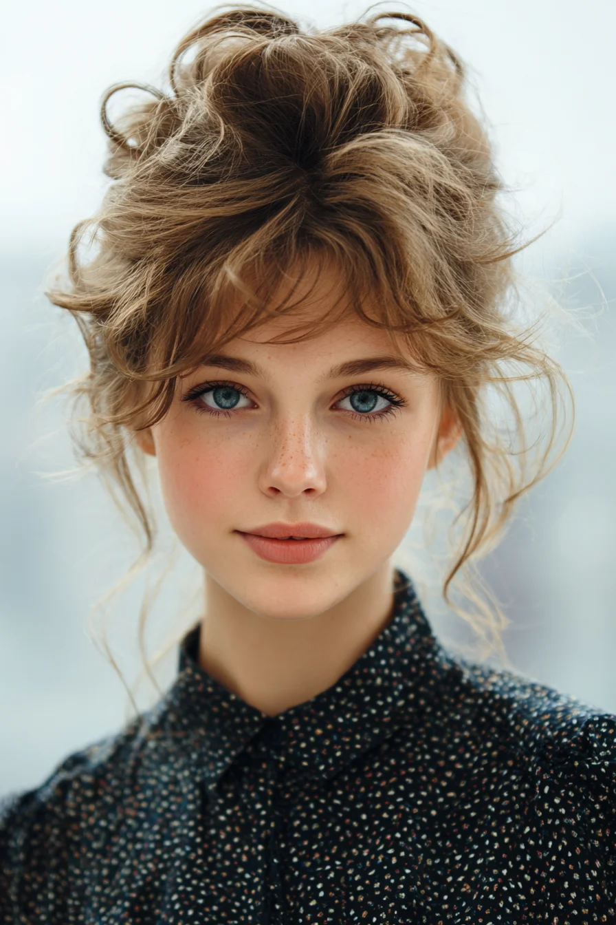 Romantic Messy Updo with Wispy Face-Framing Bangs