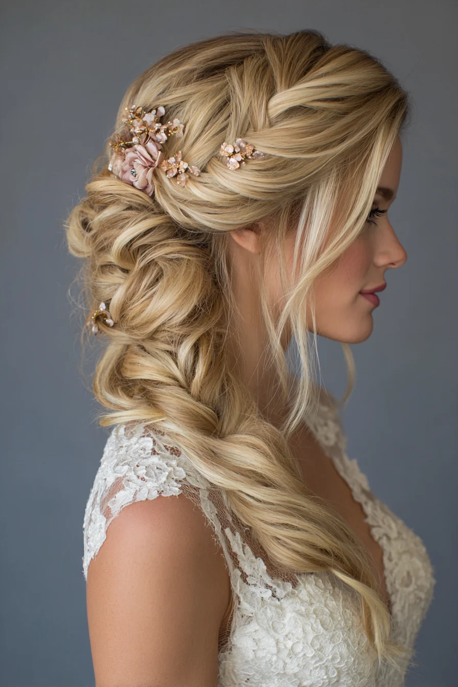 Romantic Side Braid with Floral Accents for Brides