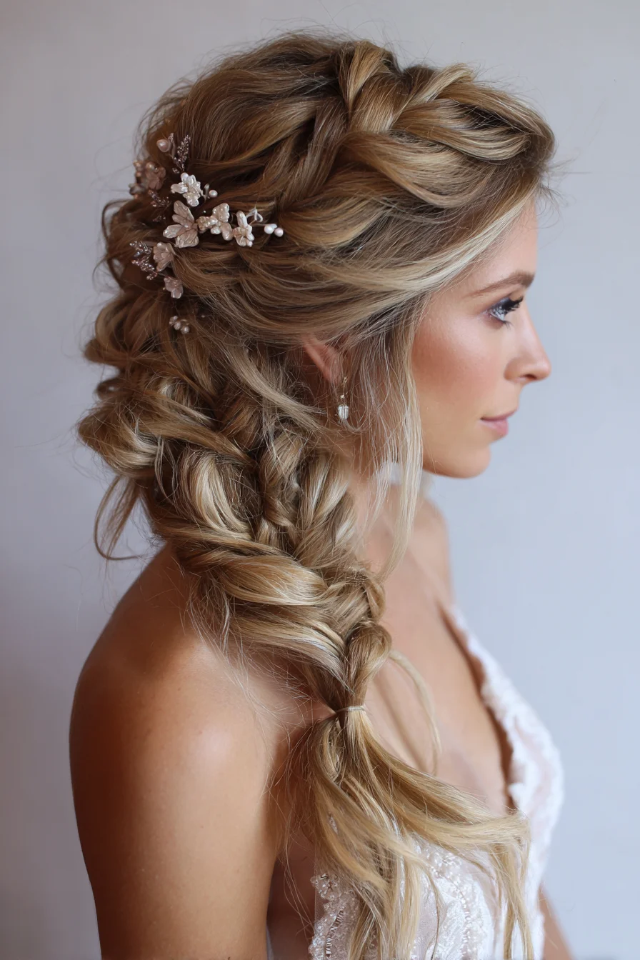 Romantic Side Braid with Floral Hairpiece for Brides