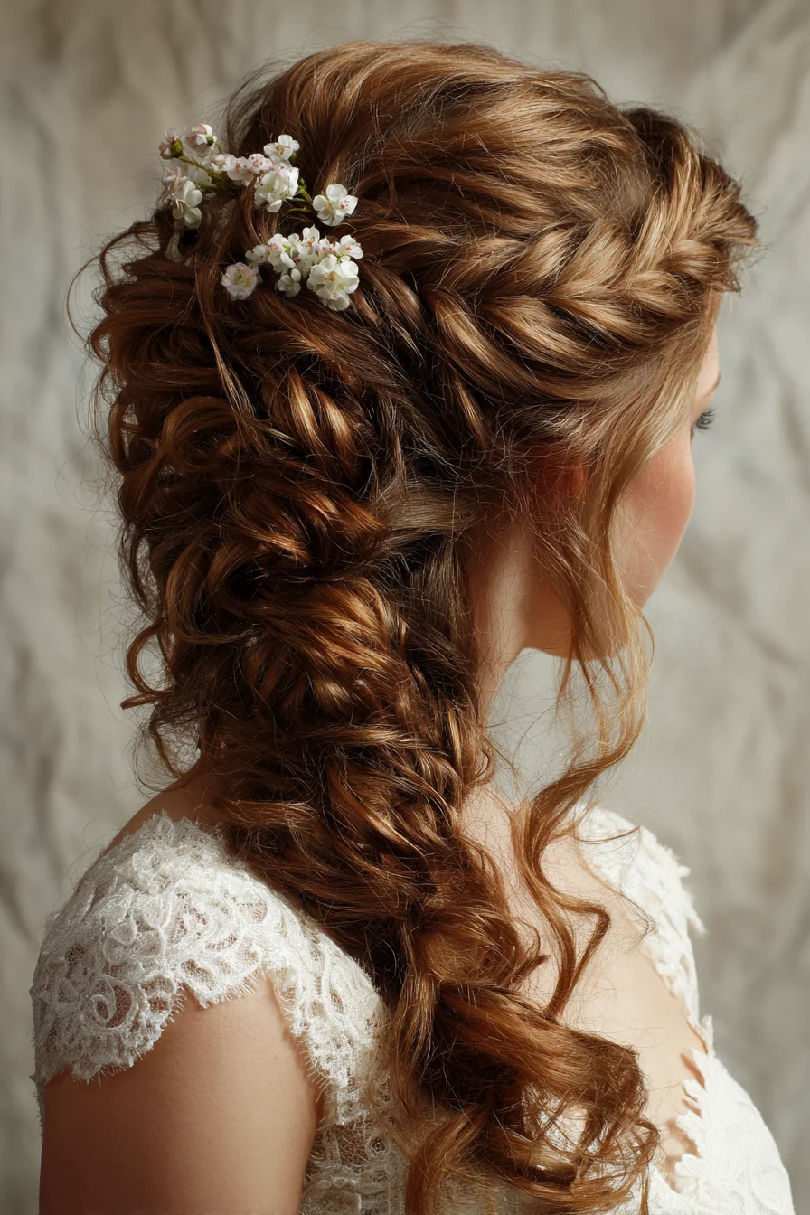Romantic Side-Swept Braided Updo with Loose Curls