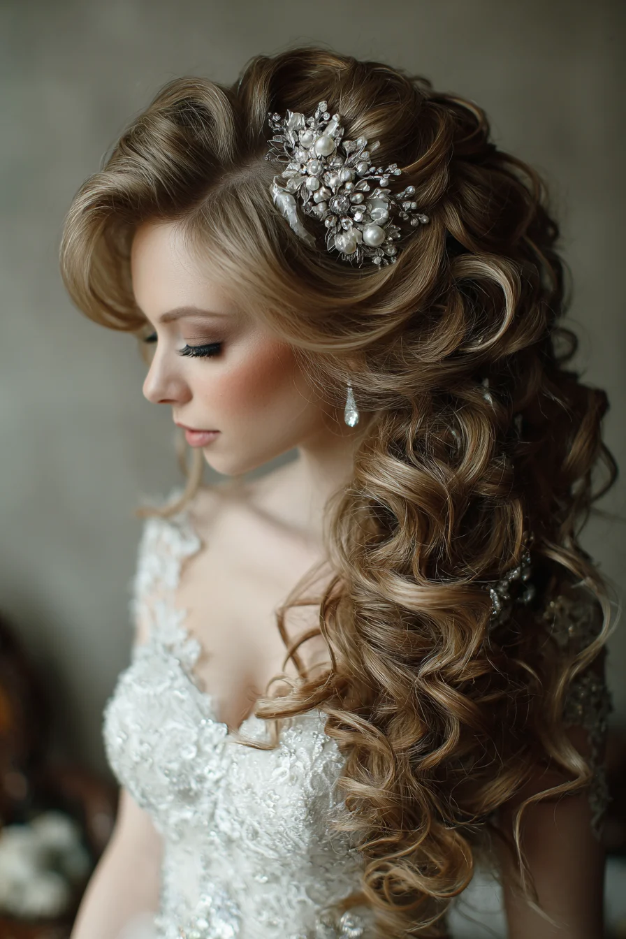 Romantic Side-Swept Curls with Decorative Hairpiece